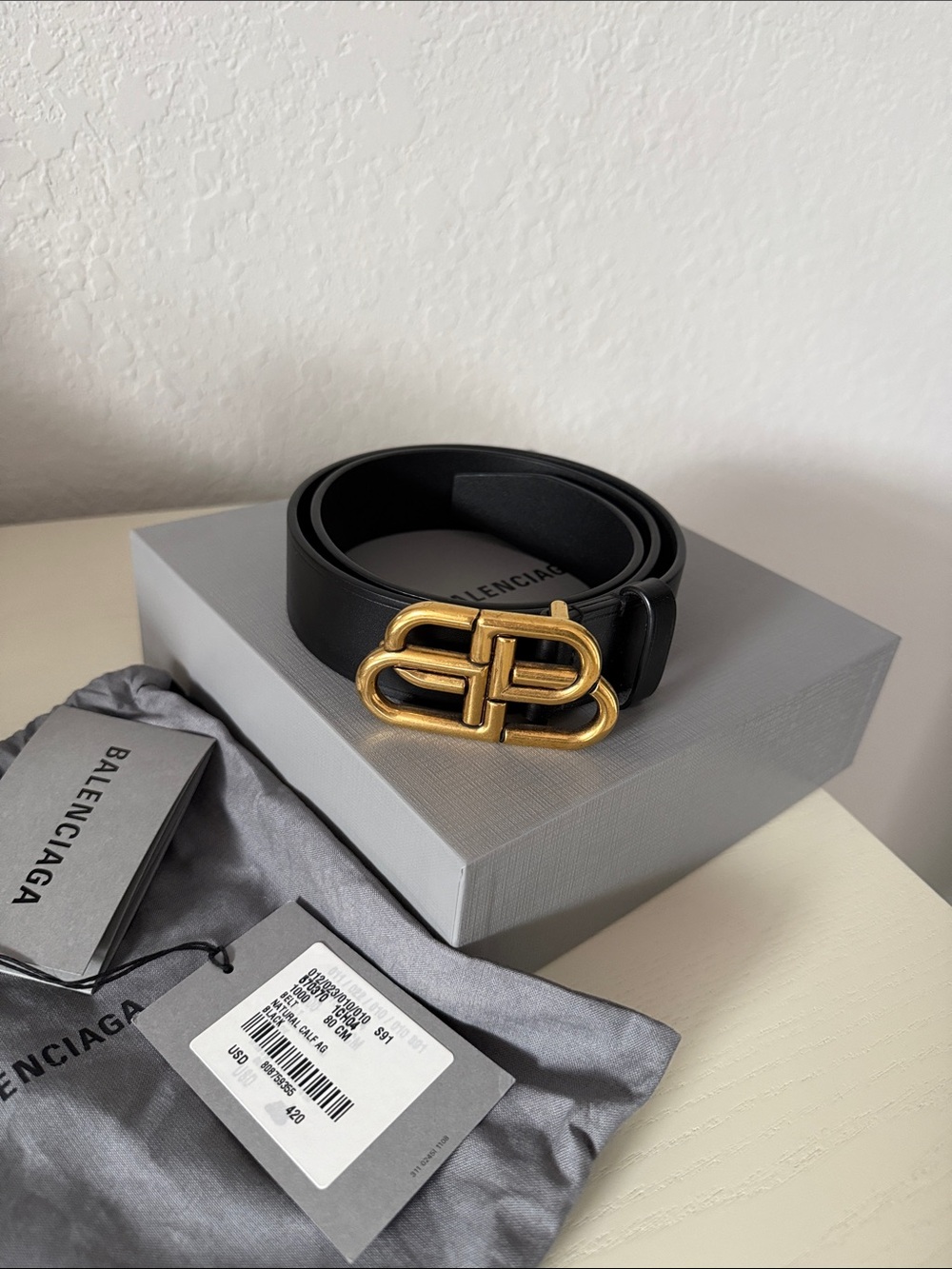 Balenciaga Black Leather Belt with Gold Double-Loop BB Buckle 80